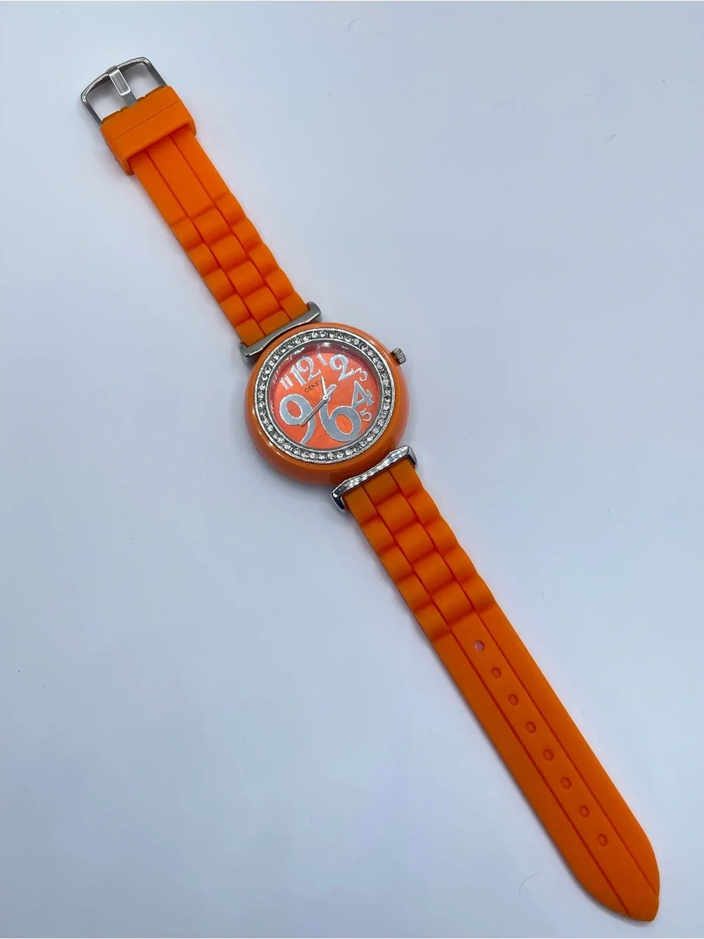 Geneva Orange Silicone Crystal Bezel Watch Silver Tone Working Modern Sleek